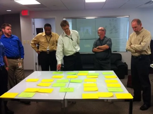 Value engineering workshop participants reviewing ideas on a table of sticky notes